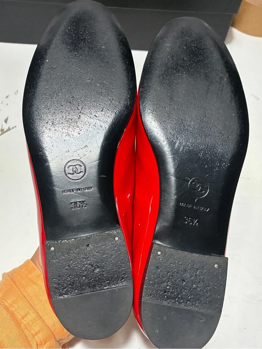 CHANEL Red and Black Patent Cap-Toe Ballet Flats